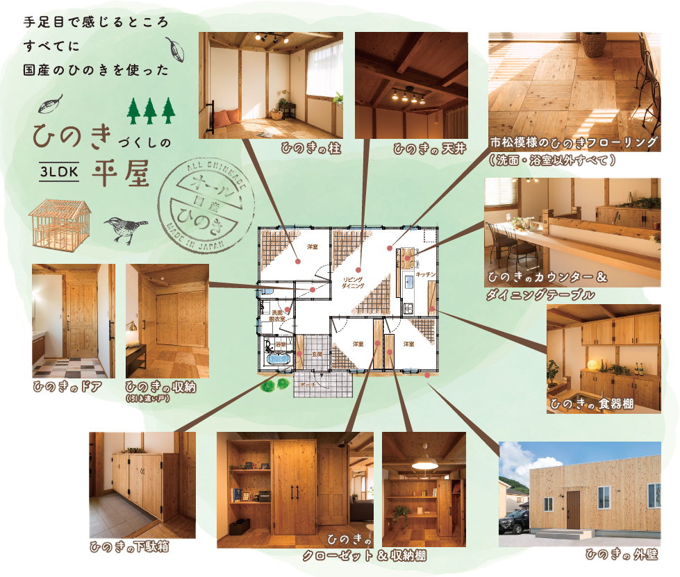 手足目で感じるところすべてに国産ひのきを使った　ひのきづくしの3LDK平屋　オール国産ひのき
